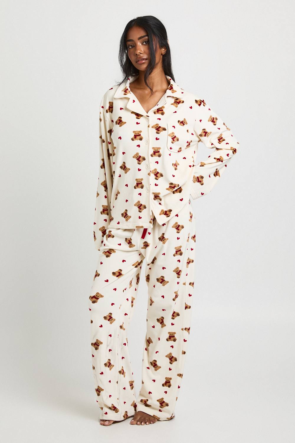boohoo Women's Heart & Bear Print Fleece Long Sleeve Shirt & Trouser Pyjama Set in White by boohoo