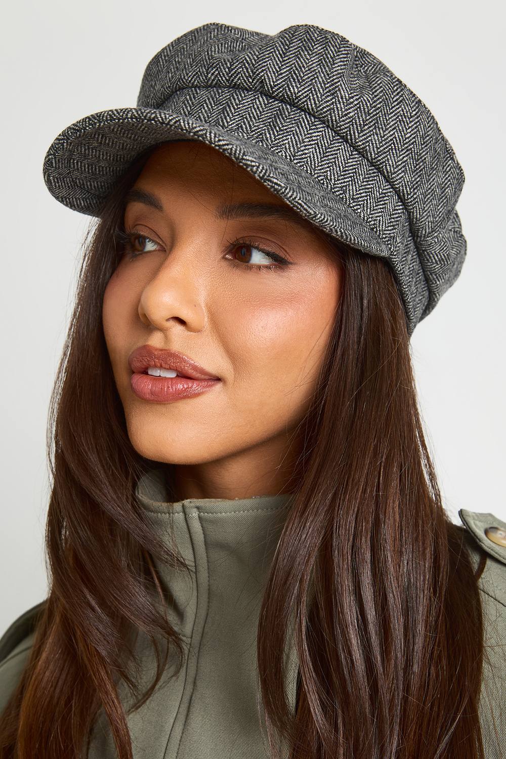 boohoo Women's Herringbone Bakerboy Cap in Grey by boohoo