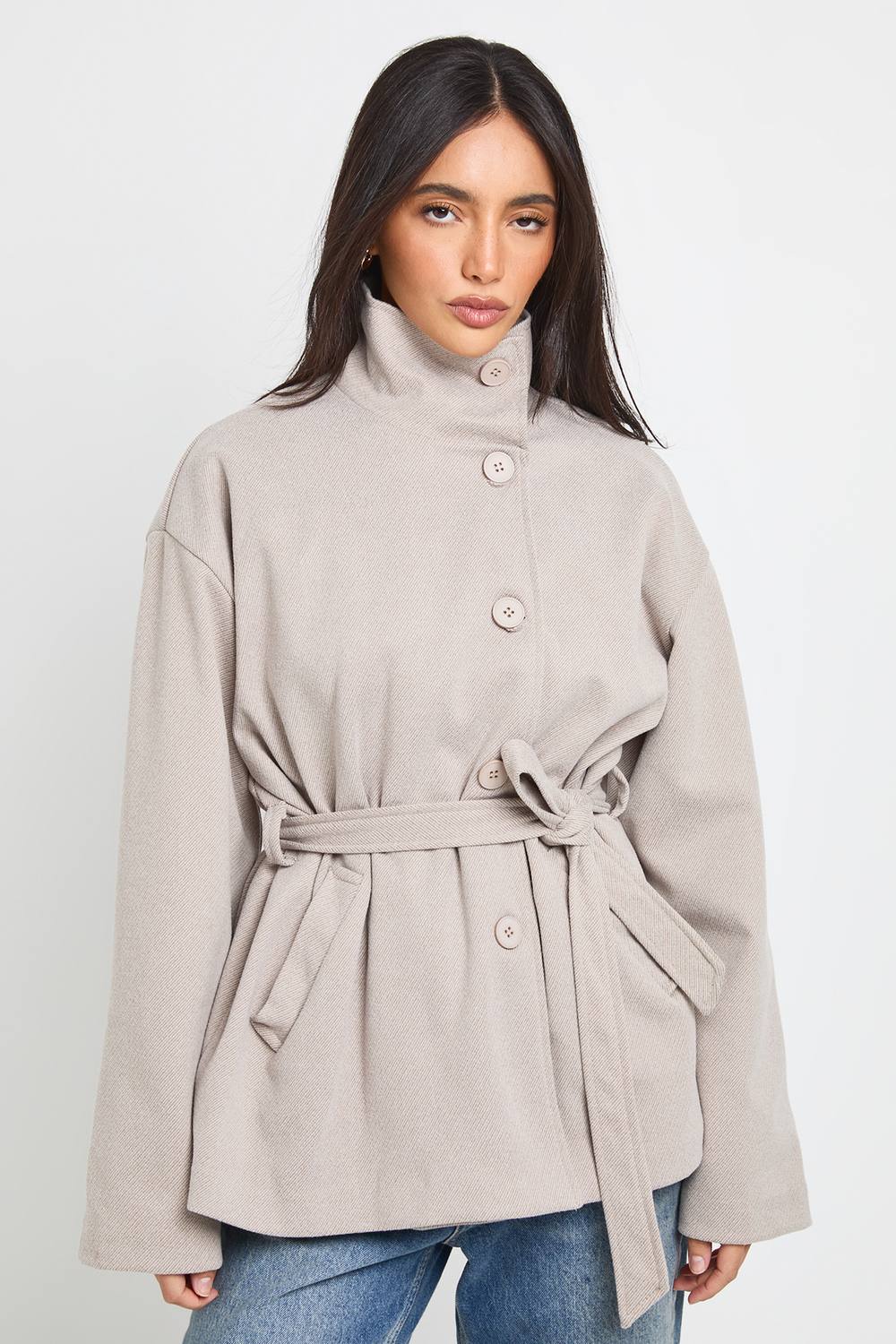 boohoo Women's Herringbone Belted Wool Look Coat in Stone by boohoo