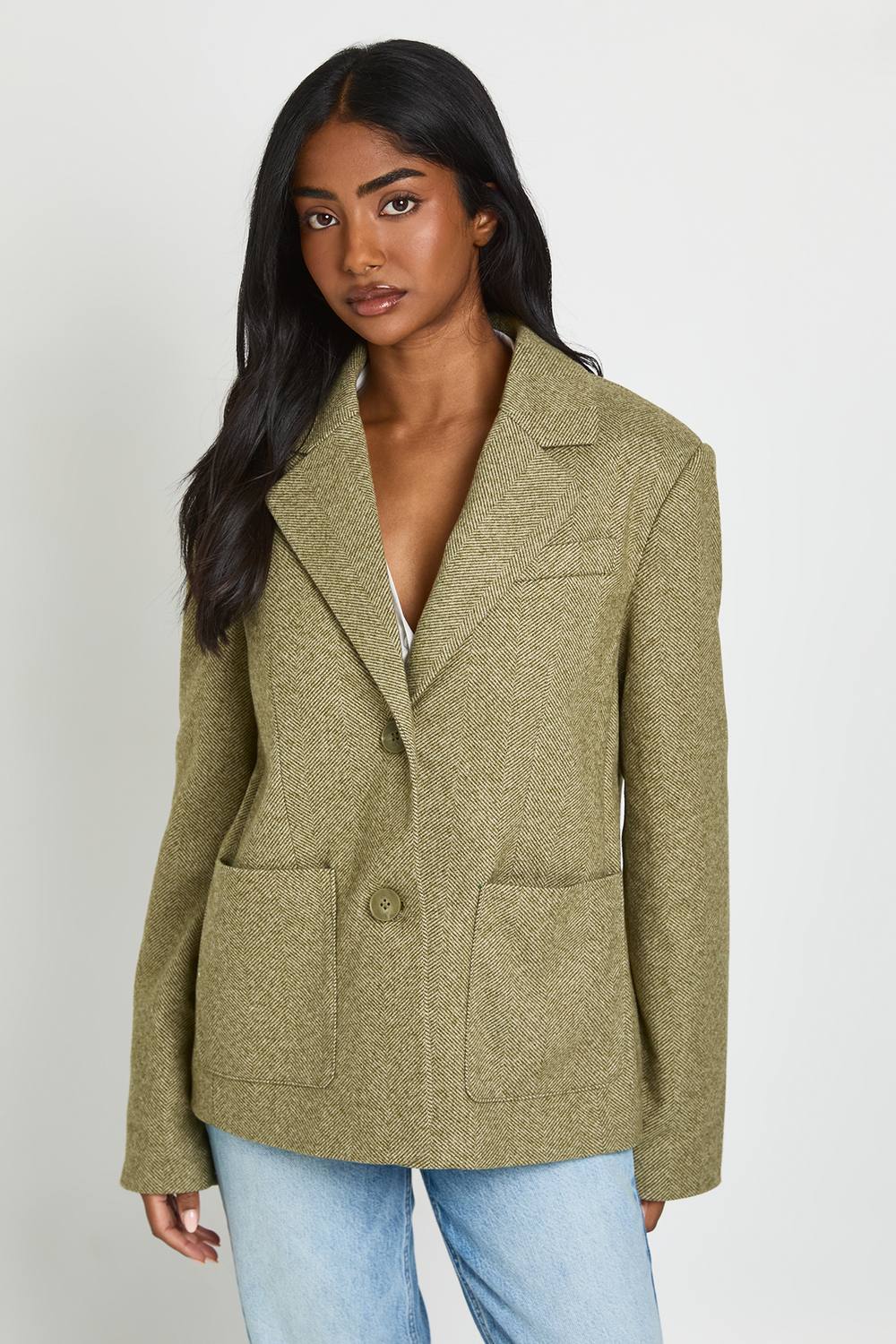 boohoo Women's Herringbone Pocket Detail Oversized Blazer in Green by boohoo