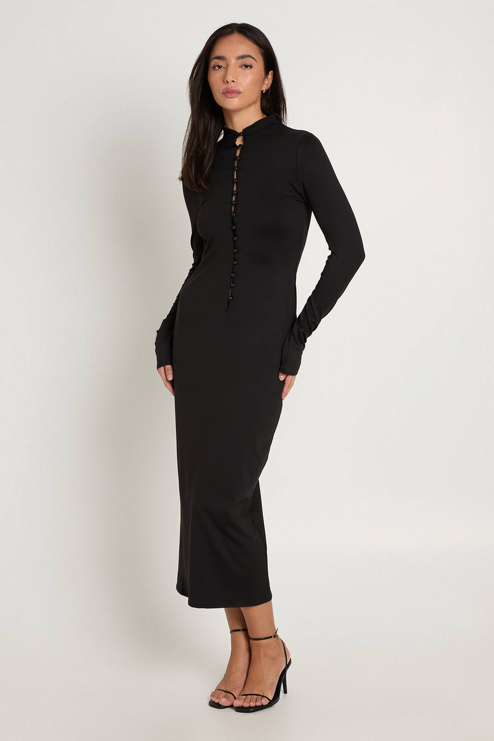 boohoo Women's High Neck Button Front Long Sleeve Midaxi Dress in Black by boohoo
