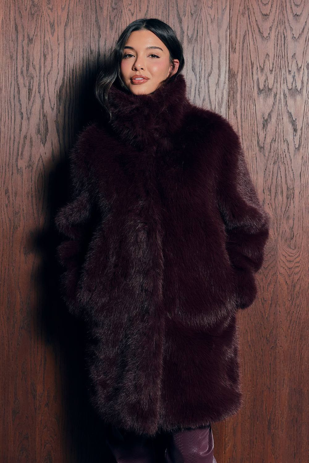 boohoo Women's High Neck Luxe Textured Faux Fur Coat in Chocolate by boohoo