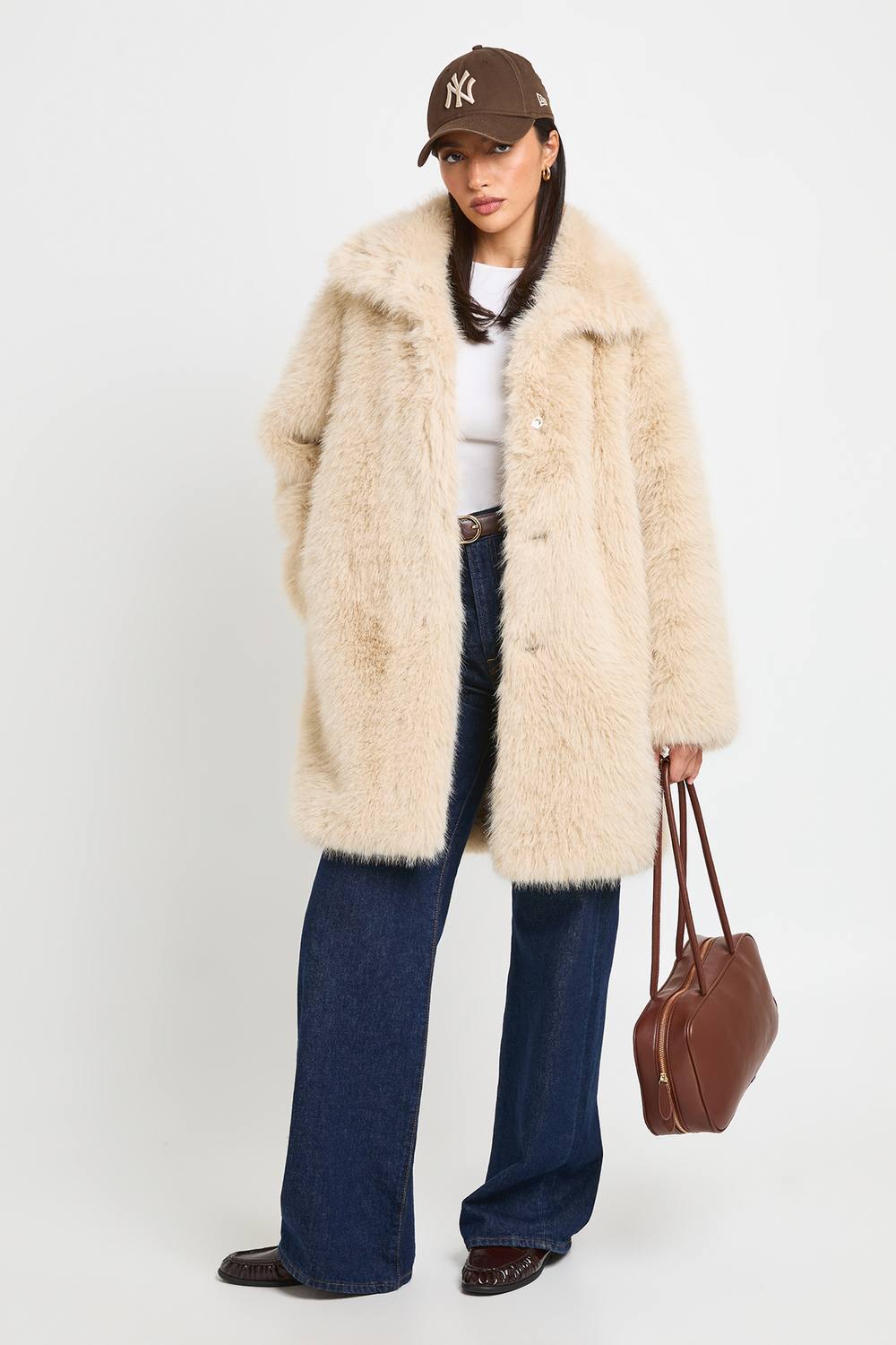 boohoo Women's High Neck Luxe Textured Faux Fur Coat in Beige by boohoo
