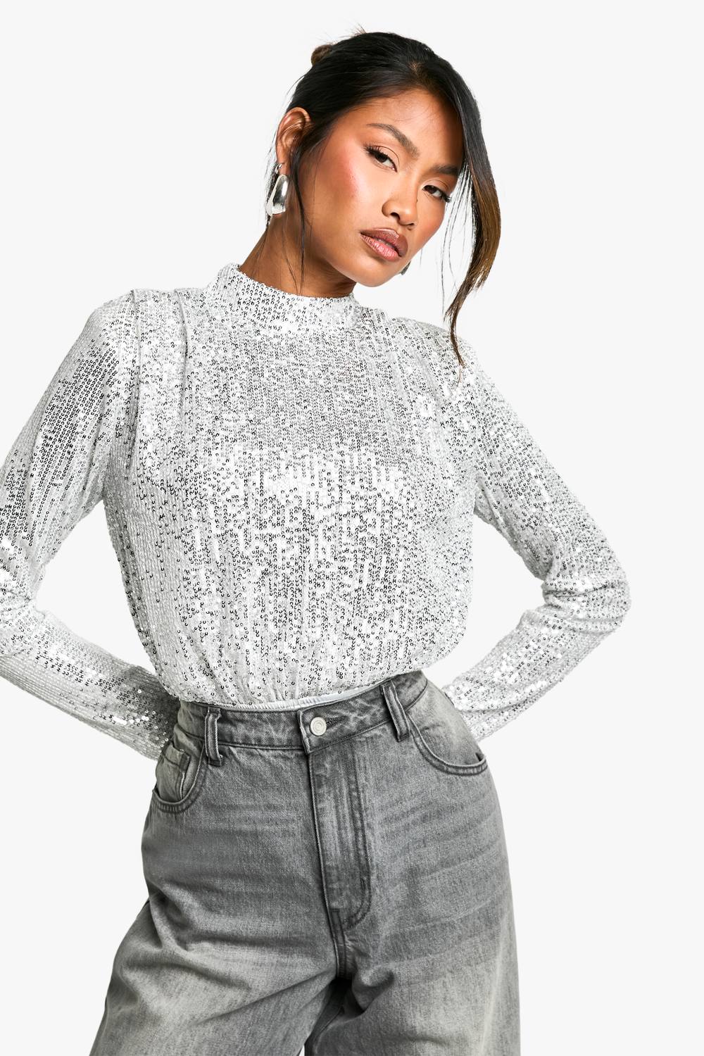 boohoo Women's High Neck Sequin Bodysuit in Silver by boohoo