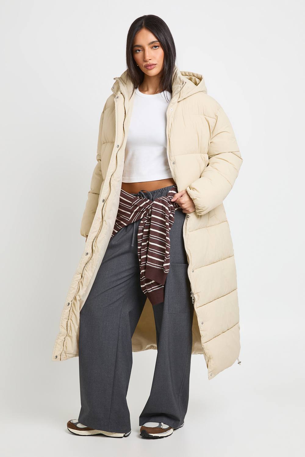 boohoo Women's Hooded Maxi Puffer Jacket in Beige by boohoo