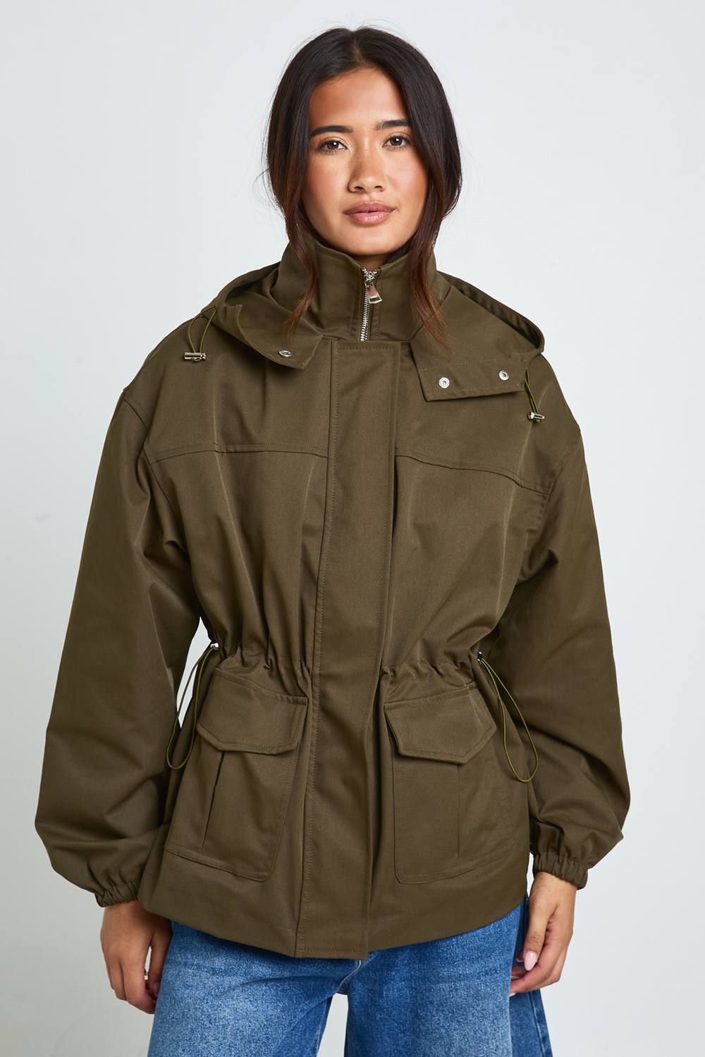 boohoo Women's Hooded Pocket Detail Mac in Khaki by boohoo