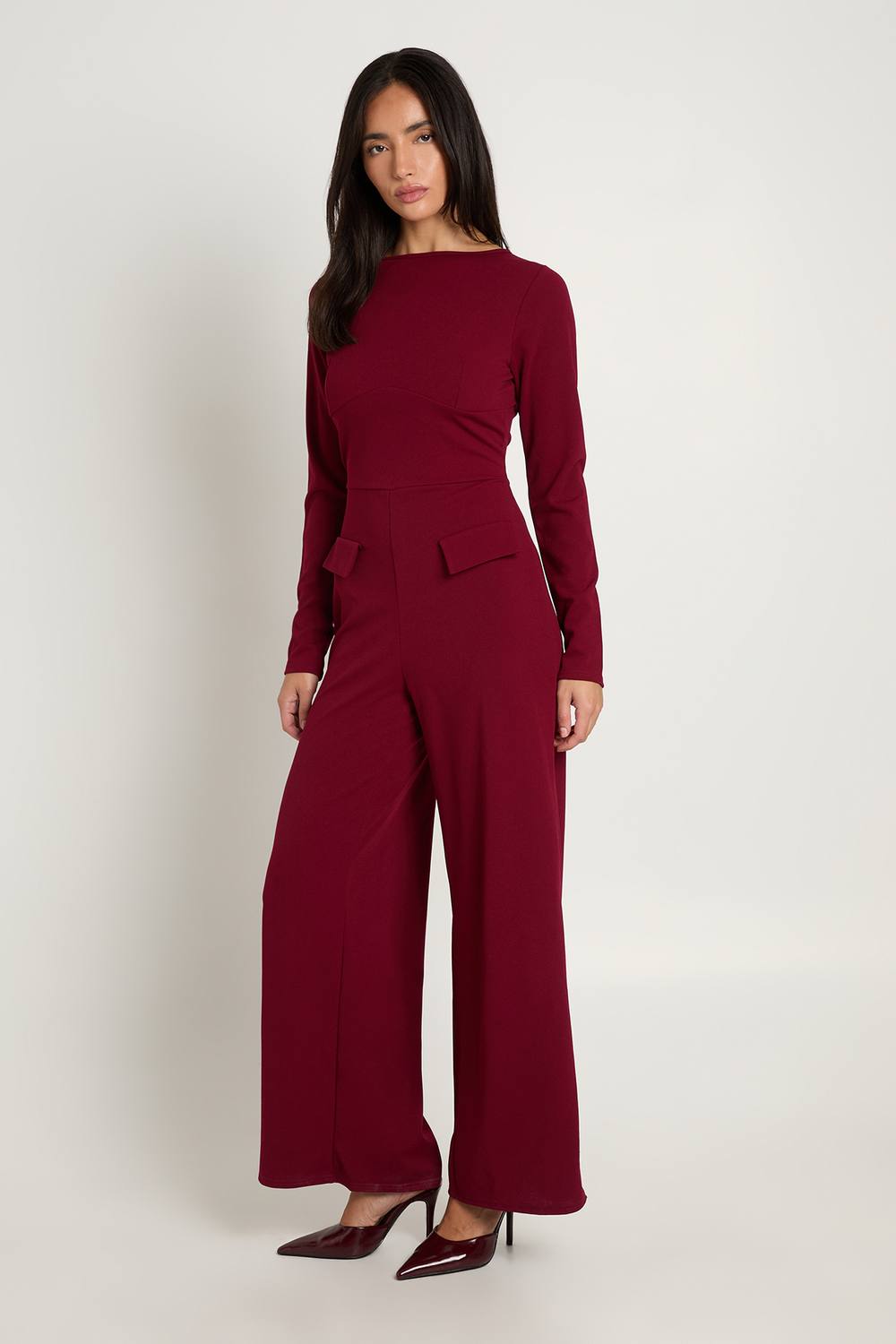 boohoo Women's Jersey Crepe Slash Neck Long Sleeve Jumpsuit in Burgundy by boohoo