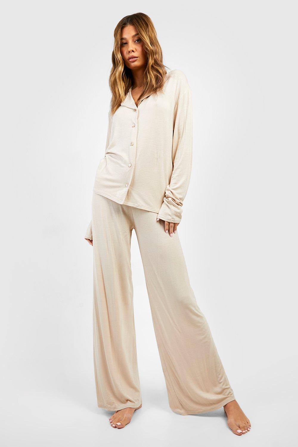 boohoo Women's Jersey Wide Leg Pyjama Trouser in Stone by boohoo