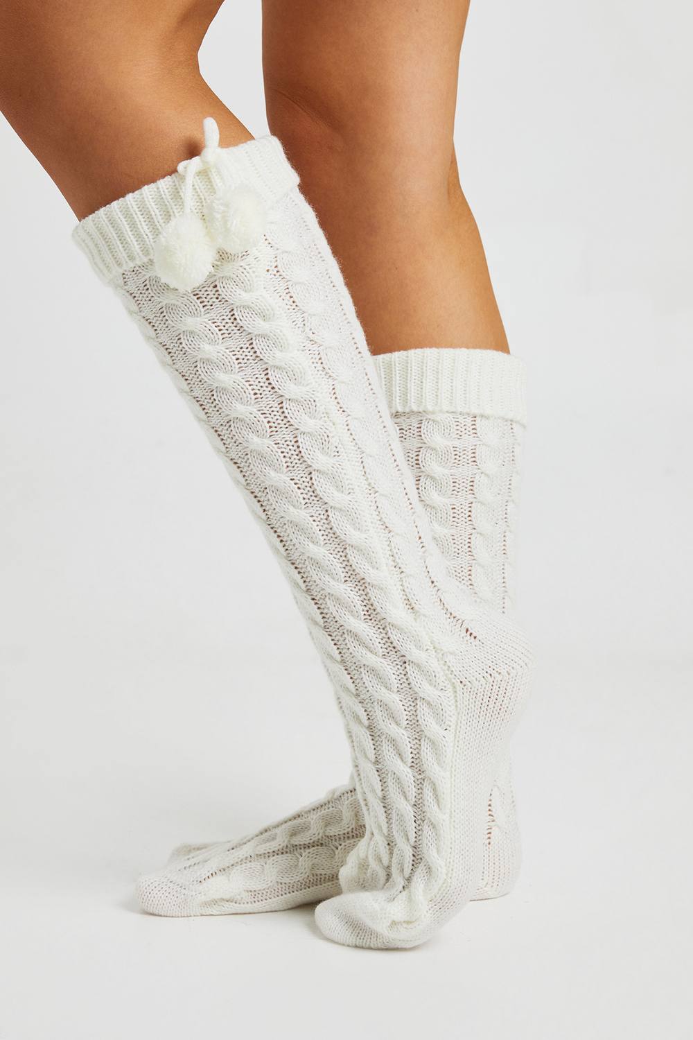 boohoo Women's Knee High Cable Knit Pom Pom Cosy Socks in Ivory by boohoo