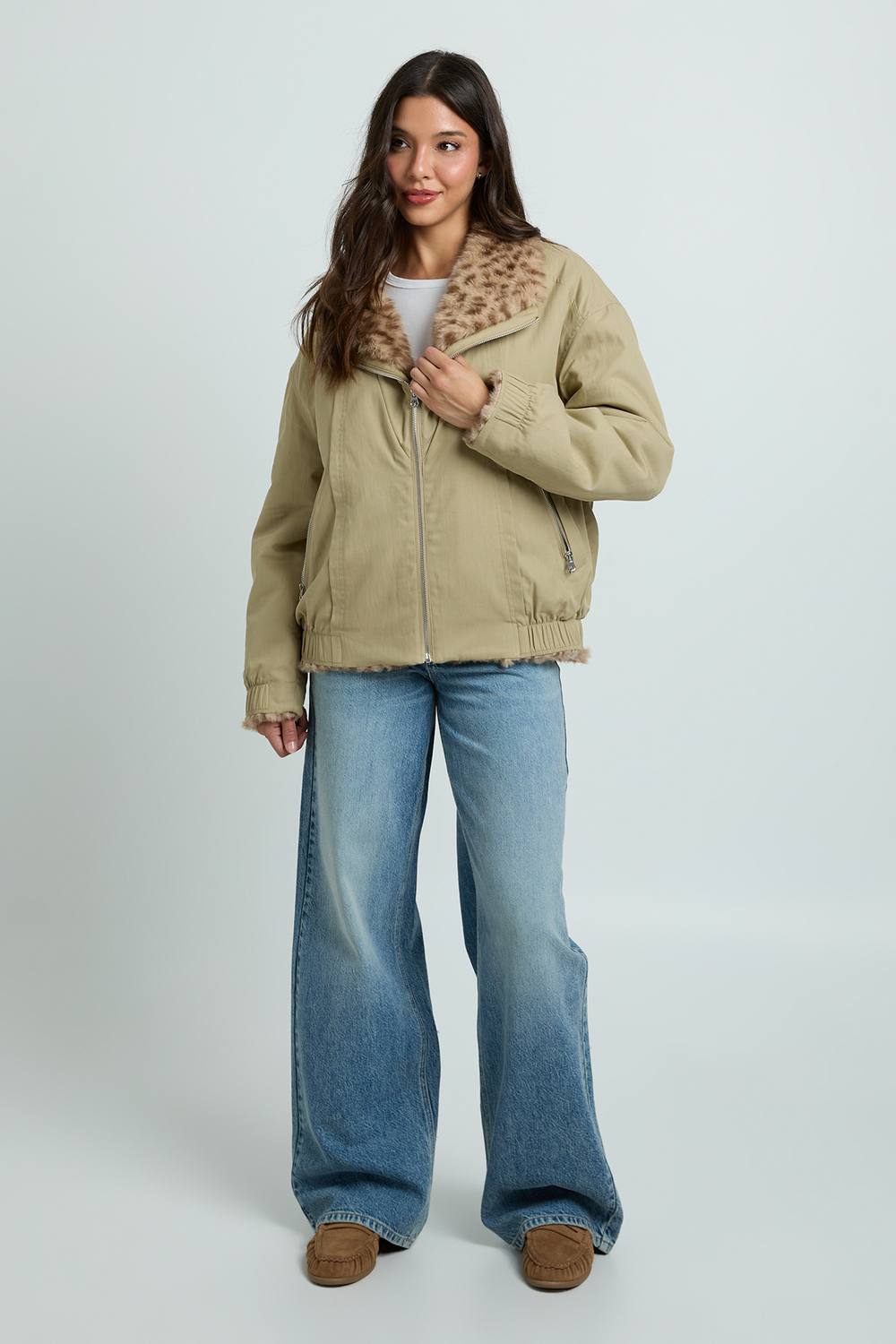 boohoo Women's Leopard Faux Fur Trim Oversized Bomber Jacket in Khaki by boohoo