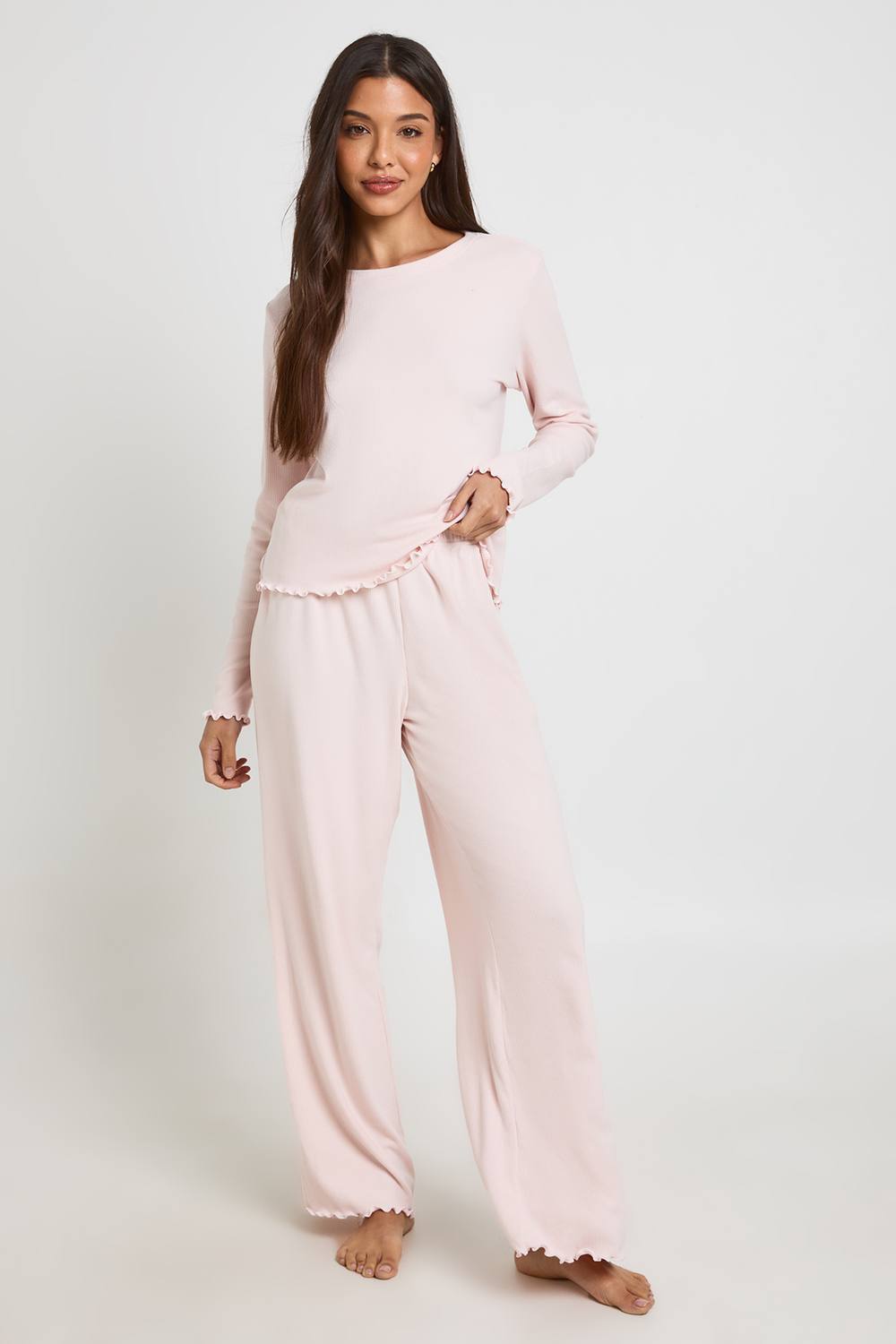 boohoo Women's Lettuce Hem Ribbed Long Sleeve Top & Trouser Pyjama Set in Baby Pink by boohoo
