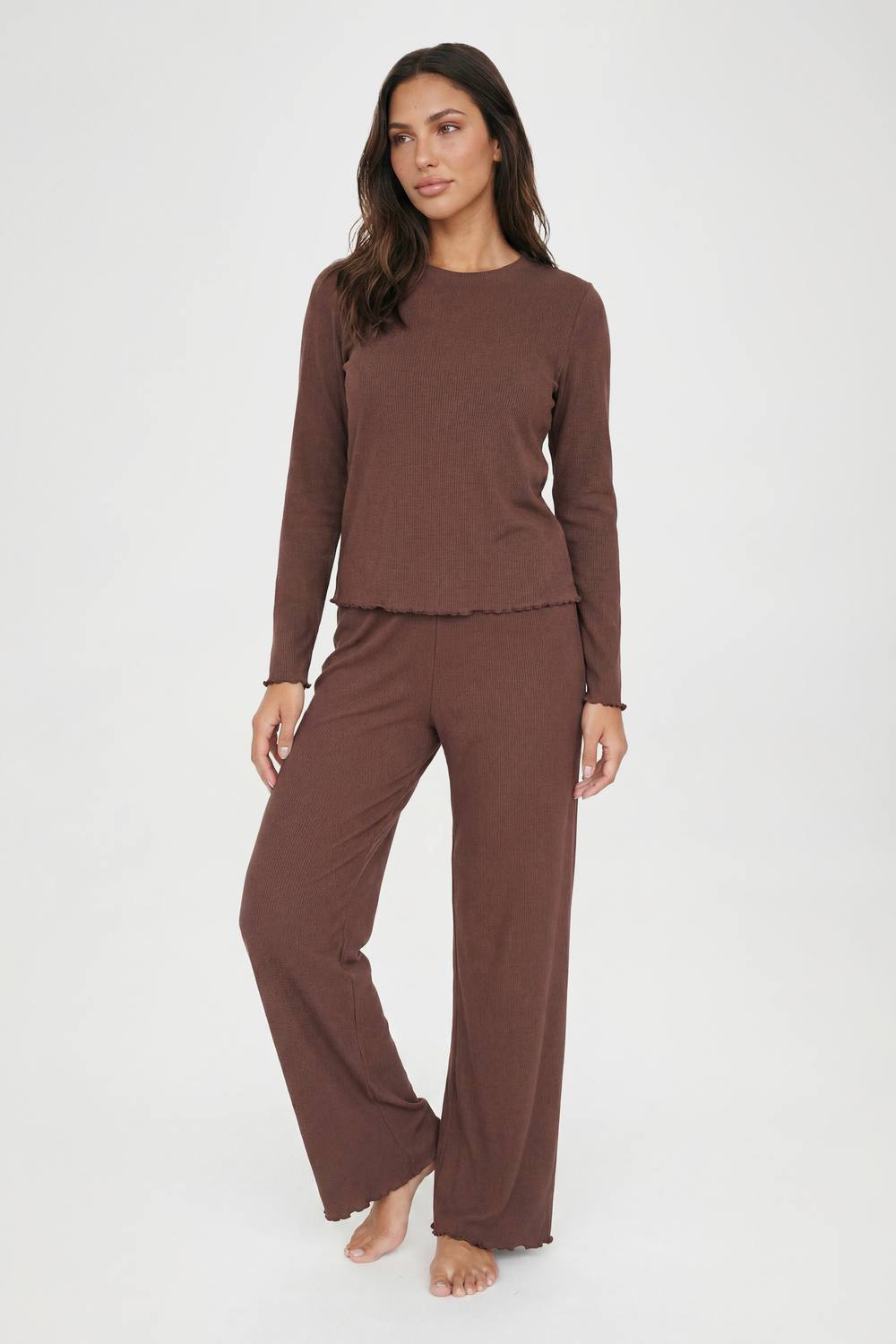 boohoo Women's Lettuce Hem Ribbed Long Sleeve Top & Trouser Pyjama Set in Chocolate by boohoo