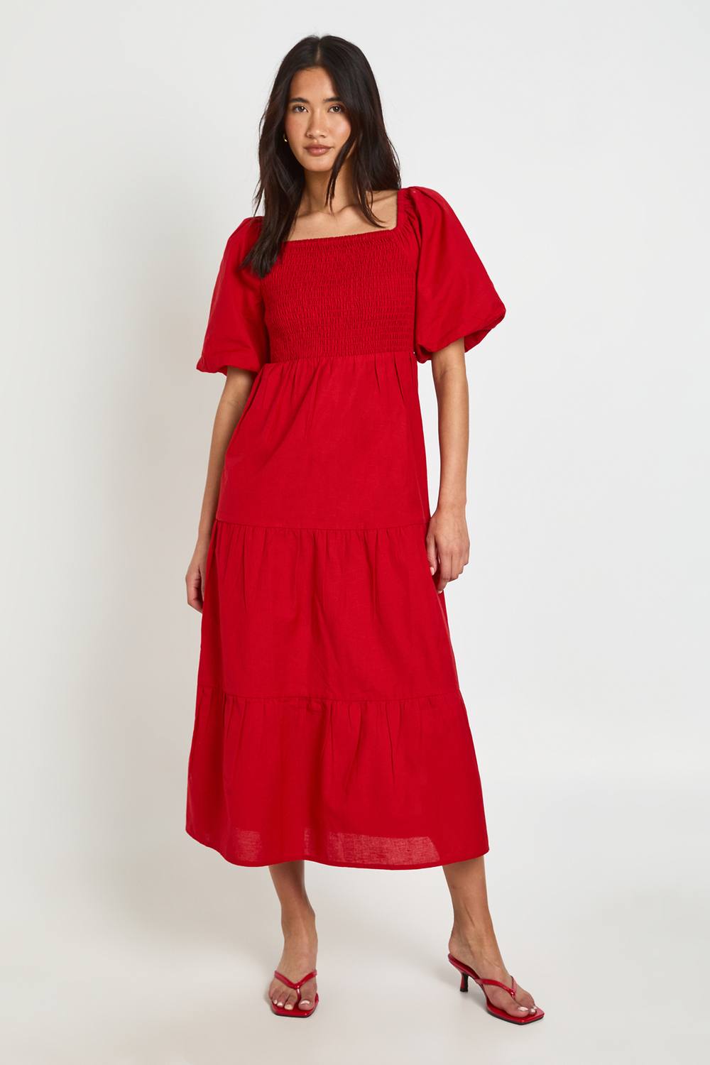 boohoo Women's Linen Look Volume Sleeve Tiered Midaxi Dress in Red by boohoo
