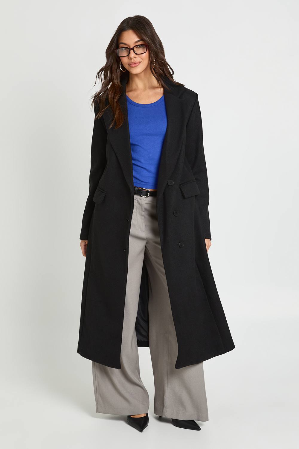 boohoo Women's Longline Tailored Wool Look Coat in Black by boohoo