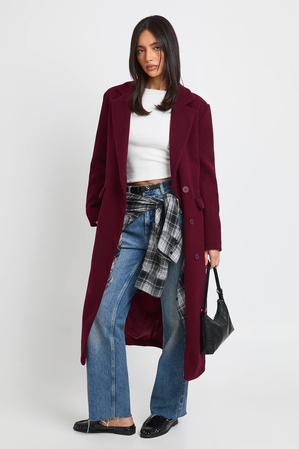 boohoo Women's Longline Tailored Wool Look Coat in Burgundy by boohoo
