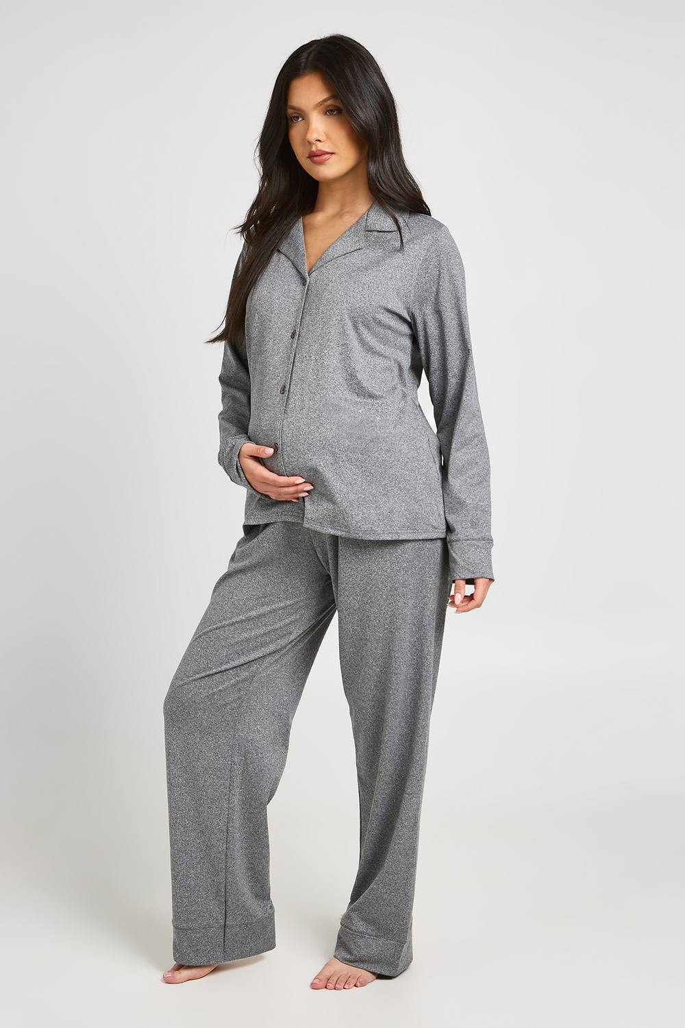 boohoo Women's Matenity Soft Touch Button Through Shirt & Trouser Pyjama Set in Charcoal by boohoo