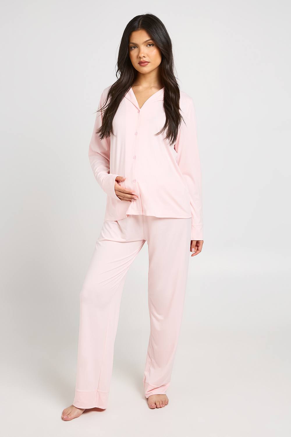 boohoo Women's Matenity Soft Touch Button Through Shirt & Trouser Pyjama Set in Light Pink by boohoo