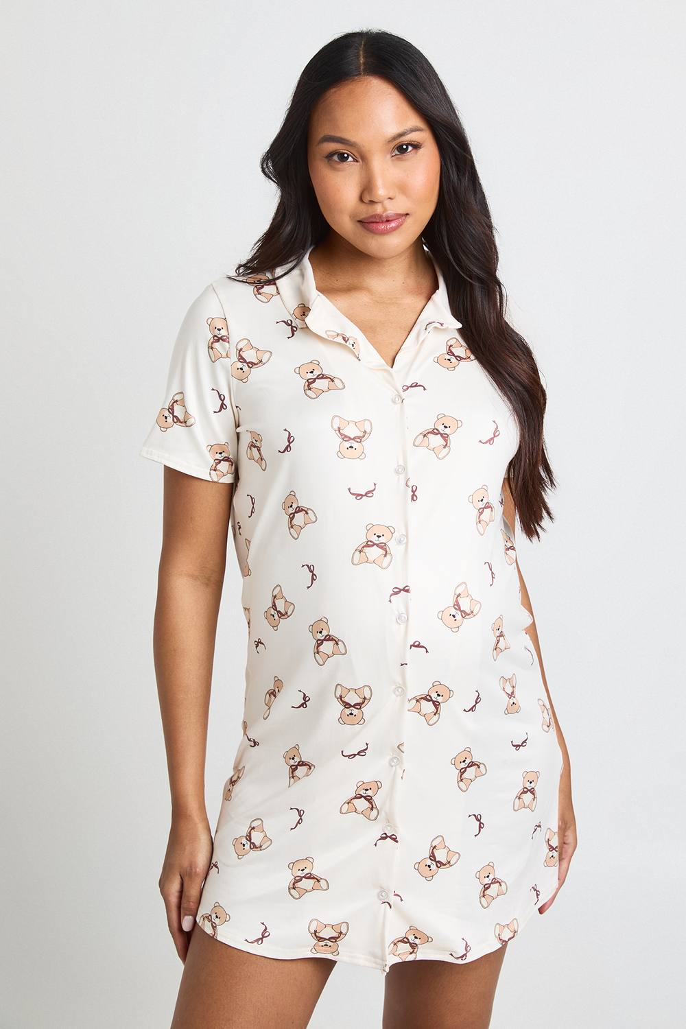 boohoo Women's Maternity Bear Bow Print Button Through Collar Nightie in Light Brown by boohoo