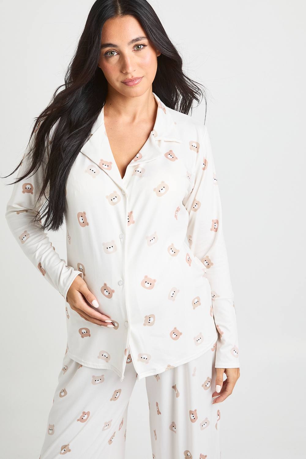 boohoo Women's Maternity Bear Print Shirt & Trouser Pyjama Set in Light Brown by boohoo