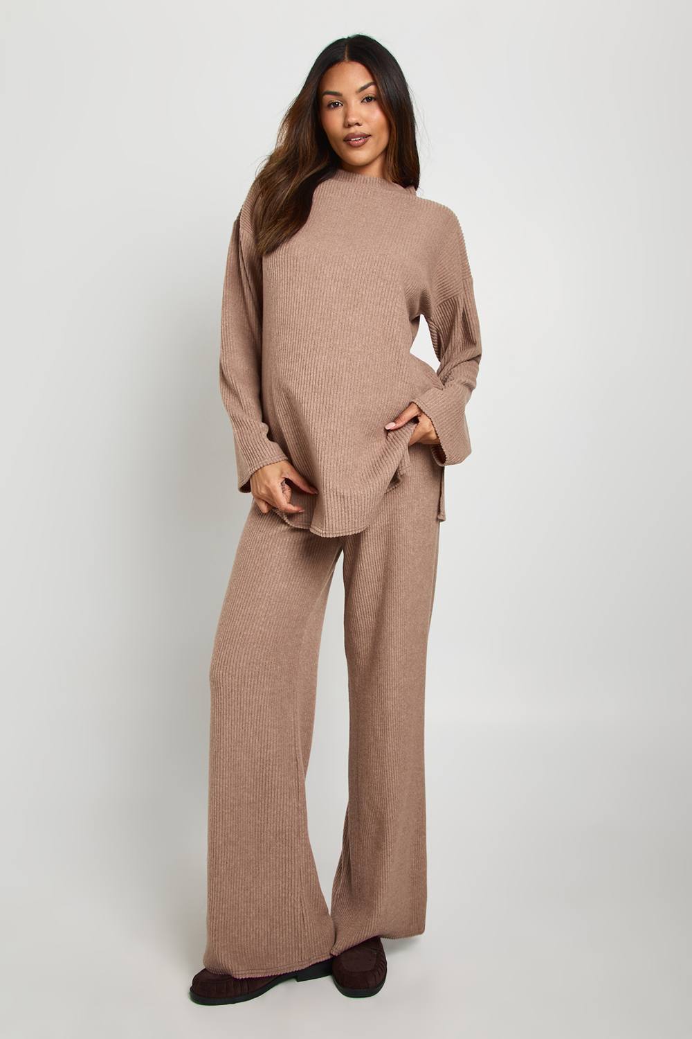 boohoo Women's Maternity Brushed Rib High Neck Top & Trouser Lounge Set in Camel by boohoo