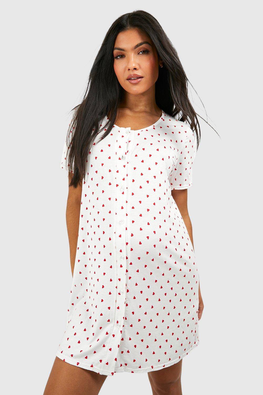 boohoo Women's Maternity Button Through Heart Print Nightie in Cream by boohoo