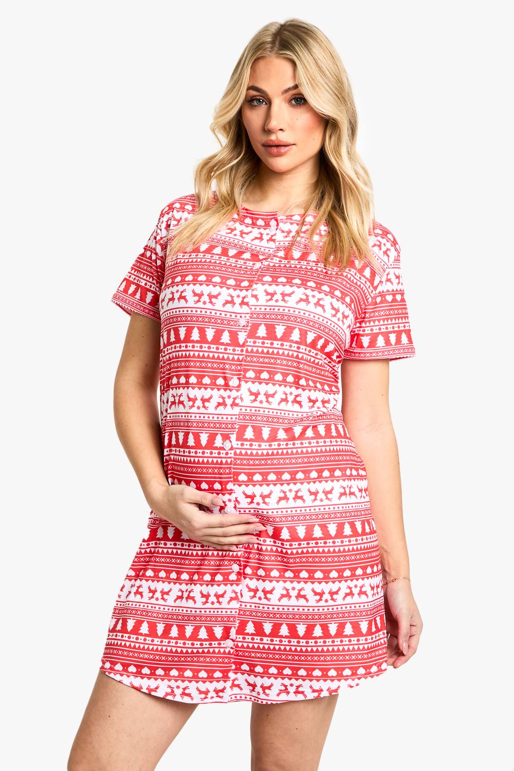 boohoo Women's Maternity Christmas Fairisle Print 2 Pack Peached Button Down Nightie by boohoo