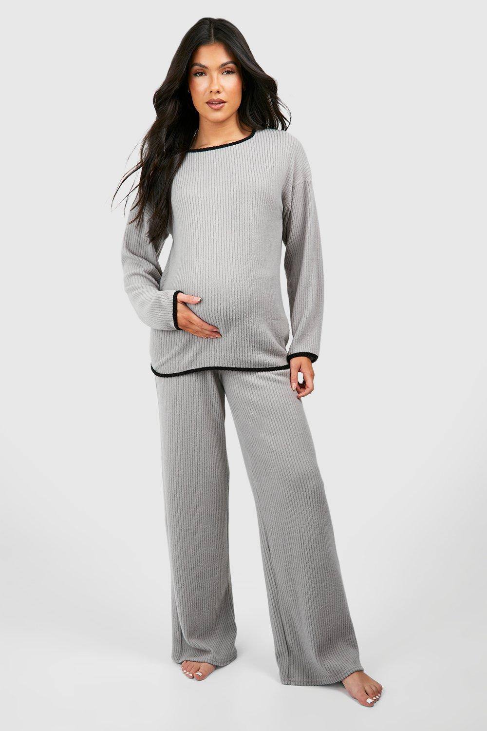 boohoo Women's Maternity Contrast Soft Rib Loungewear Set in Grey by boohoo