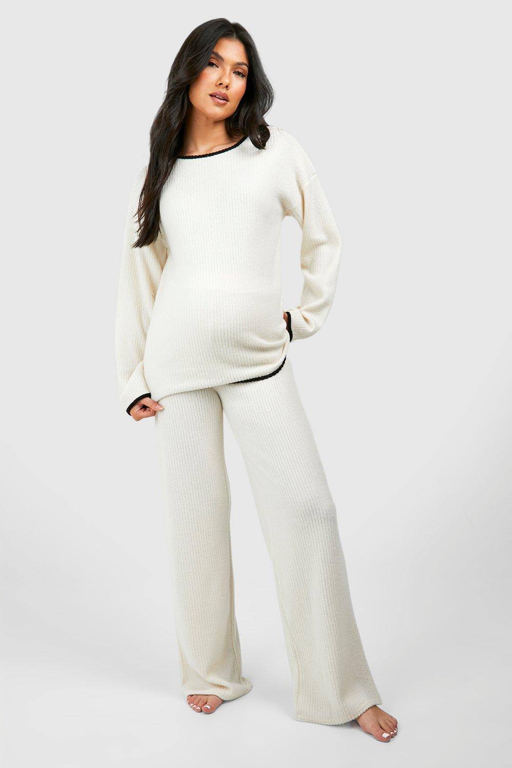 boohoo Women's Maternity Contrast Soft Rib Loungewear Set in Grey, view 2