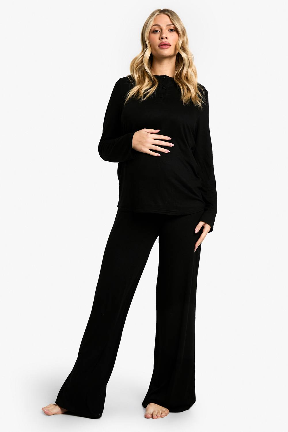 boohoo Women's Maternity Long Sleeve Button Top & Wide Leg Trouser Pj Set in Black by boohoo