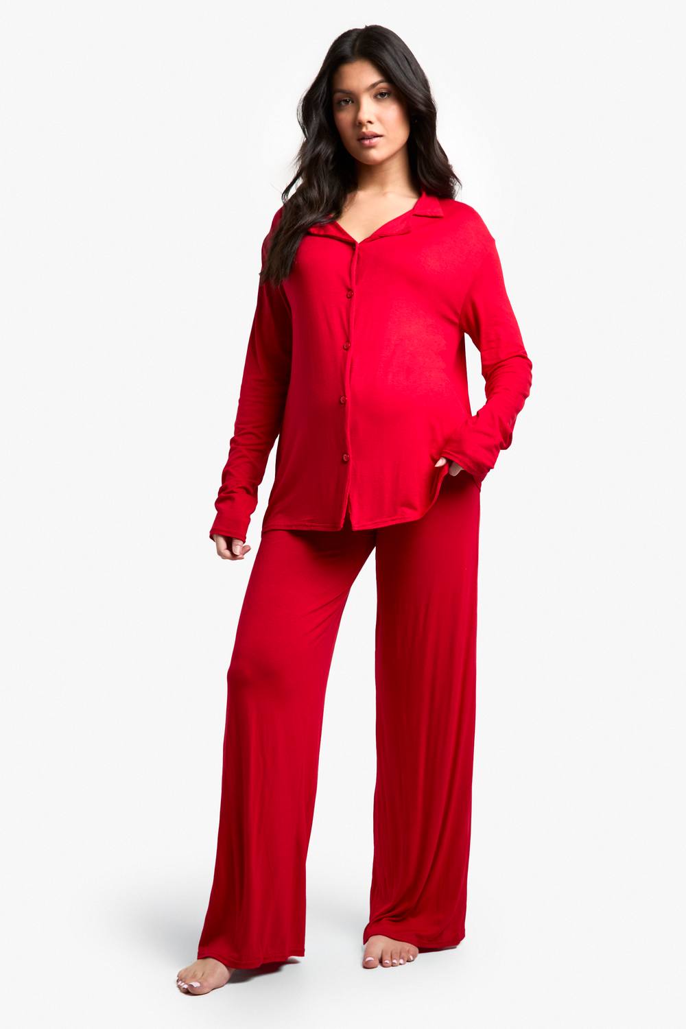 boohoo Women's Maternity Long Sleeve Shirt & Trouser Pj Set in Red by boohoo