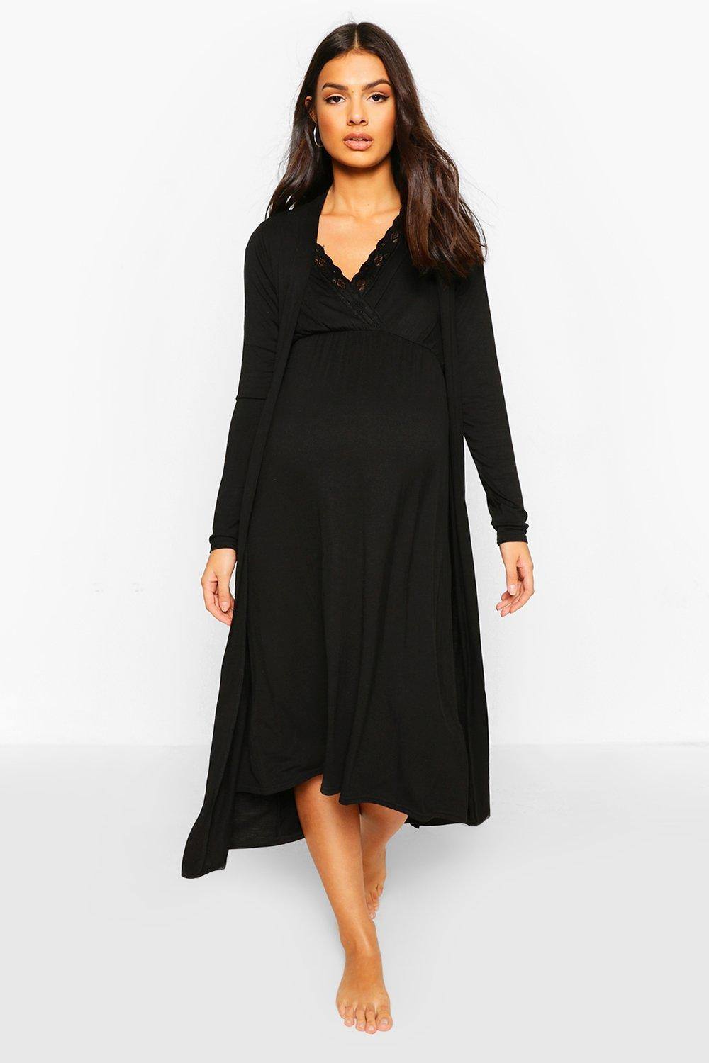 boohoo Women's Maternity Nursing Nightie & Robe Set in Black by boohoo