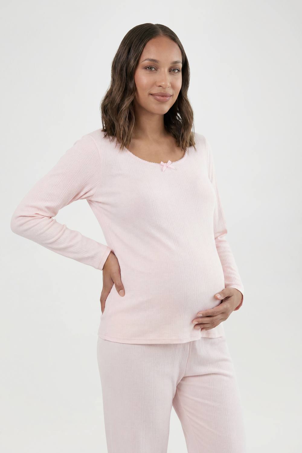 boohoo Women's Maternity Pointelle Long Sleeve & Trouser Pyjama Set in Pink by boohoo