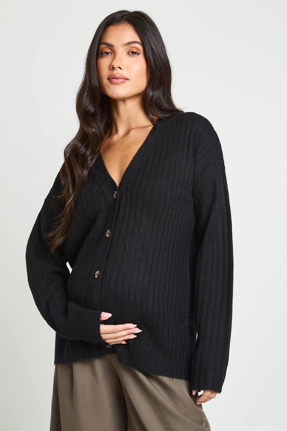 boohoo Women's Maternity Rib Knit Boyfriend Cardigan in Black by boohoo