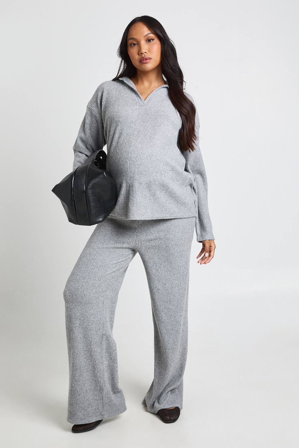 boohoo Women's Maternity Soft Rib Collared Top & Trouser Lounge Set in Grey by boohoo
