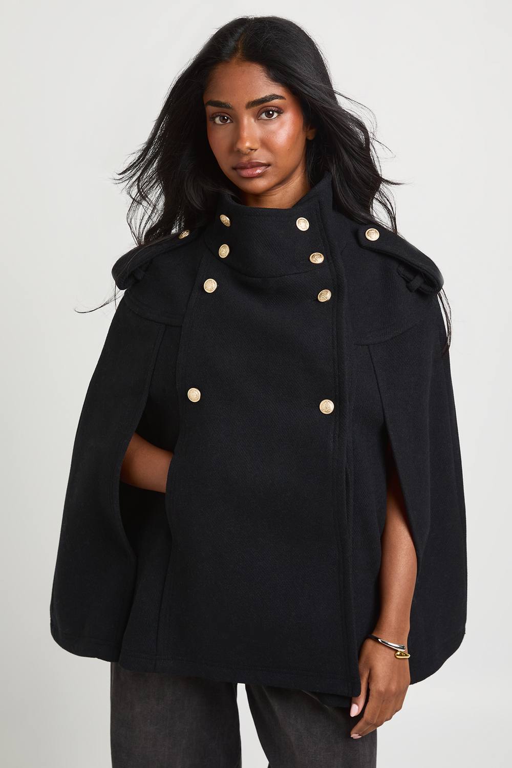 boohoo Women's Military Button Detail Wool Look Cape in Black by boohoo
