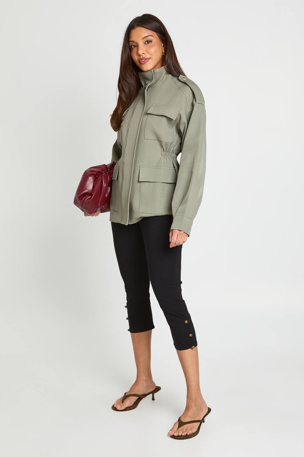 boohoo Women's Military Button Trim Capri Legging Pants in Black by boohoo