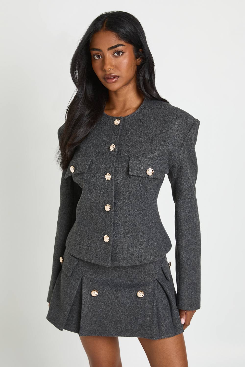 boohoo Women's Military Wool Look Cinched Blazer in Charcoal by boohoo