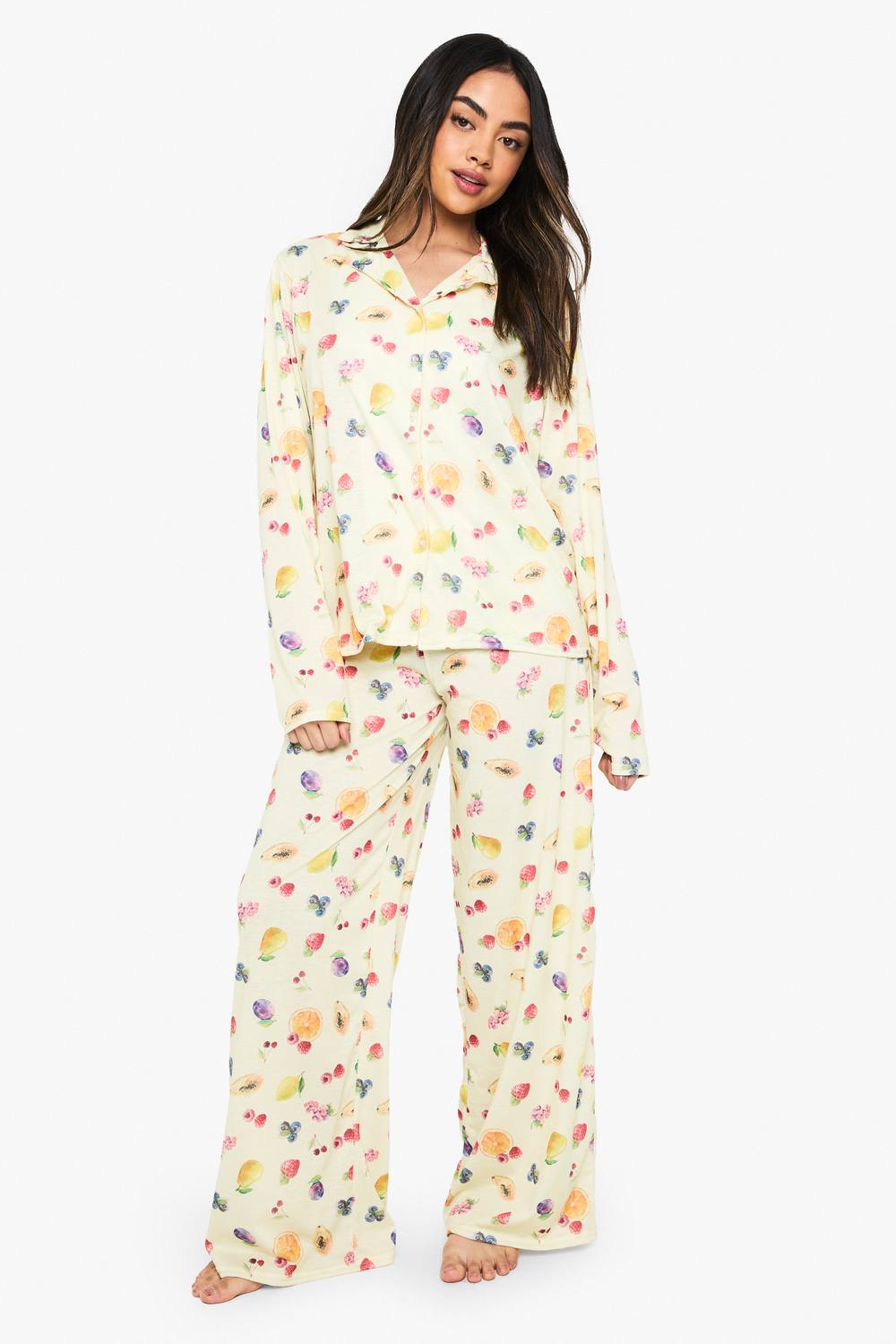 boohoo Women's Mixed Fruit Print Long Sleeve Shirt & Trousers Pyjama Set in Lemon by boohoo