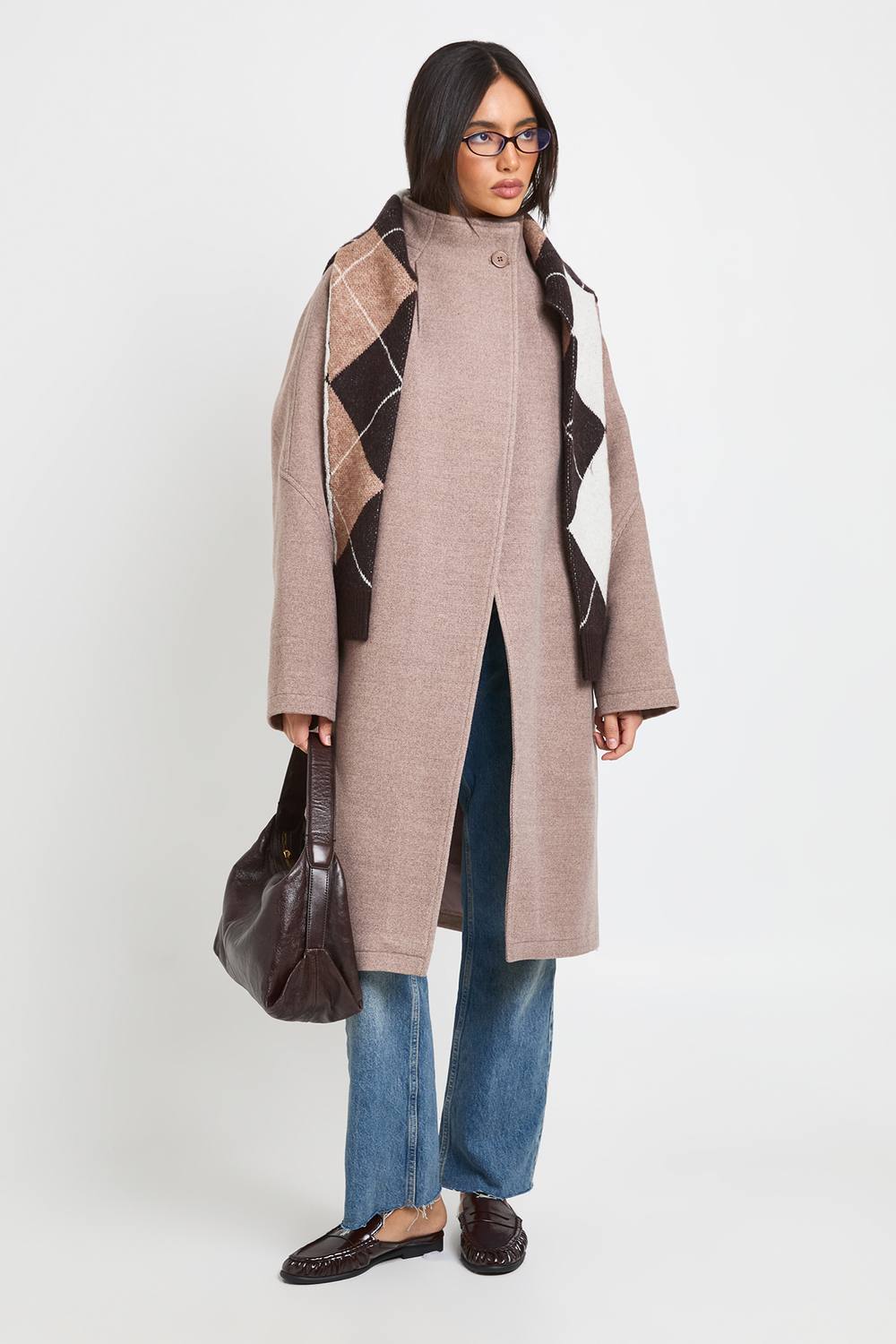 boohoo Women's Neck Detail Cocoon Wool Look Coat in Brown by boohoo
