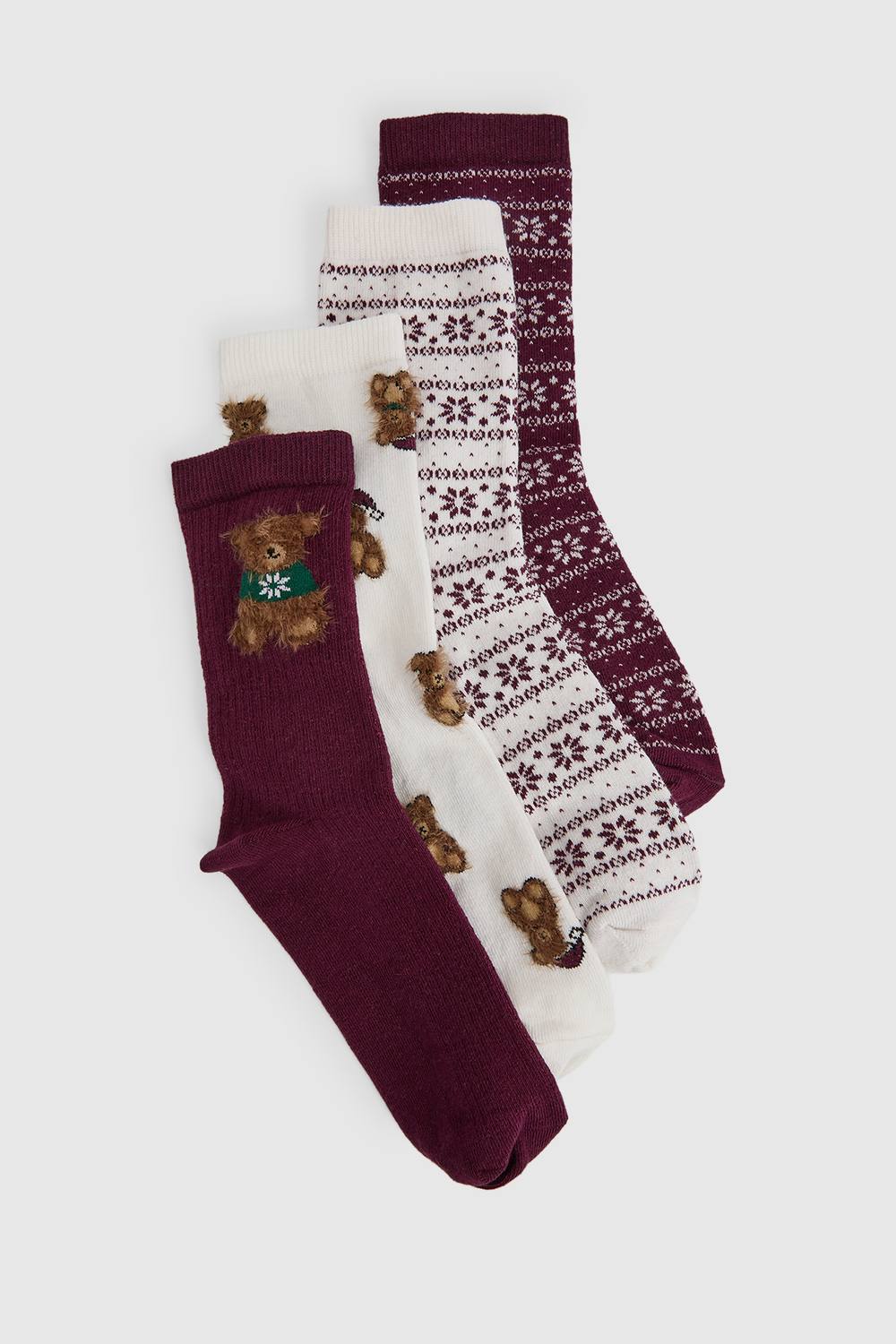 boohoo Women's Novelty Fair Isle Bear Socks 4 Pack in Burgundy by boohoo