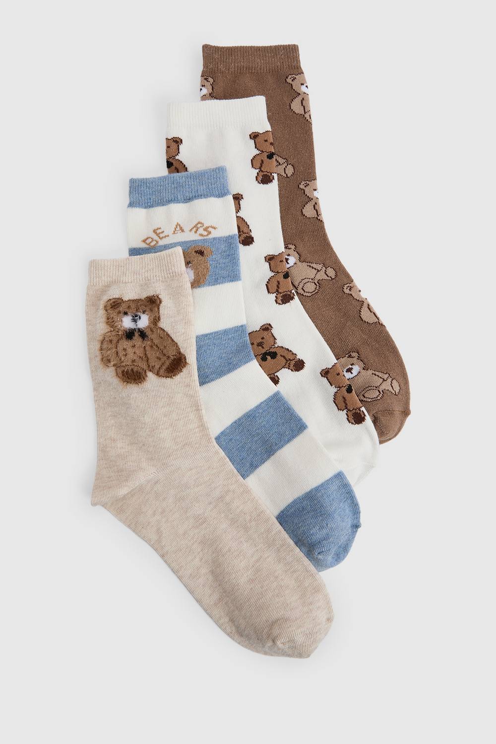 boohoo Women's Novelty Striped Bear Socks 4 Pack in Beige by boohoo