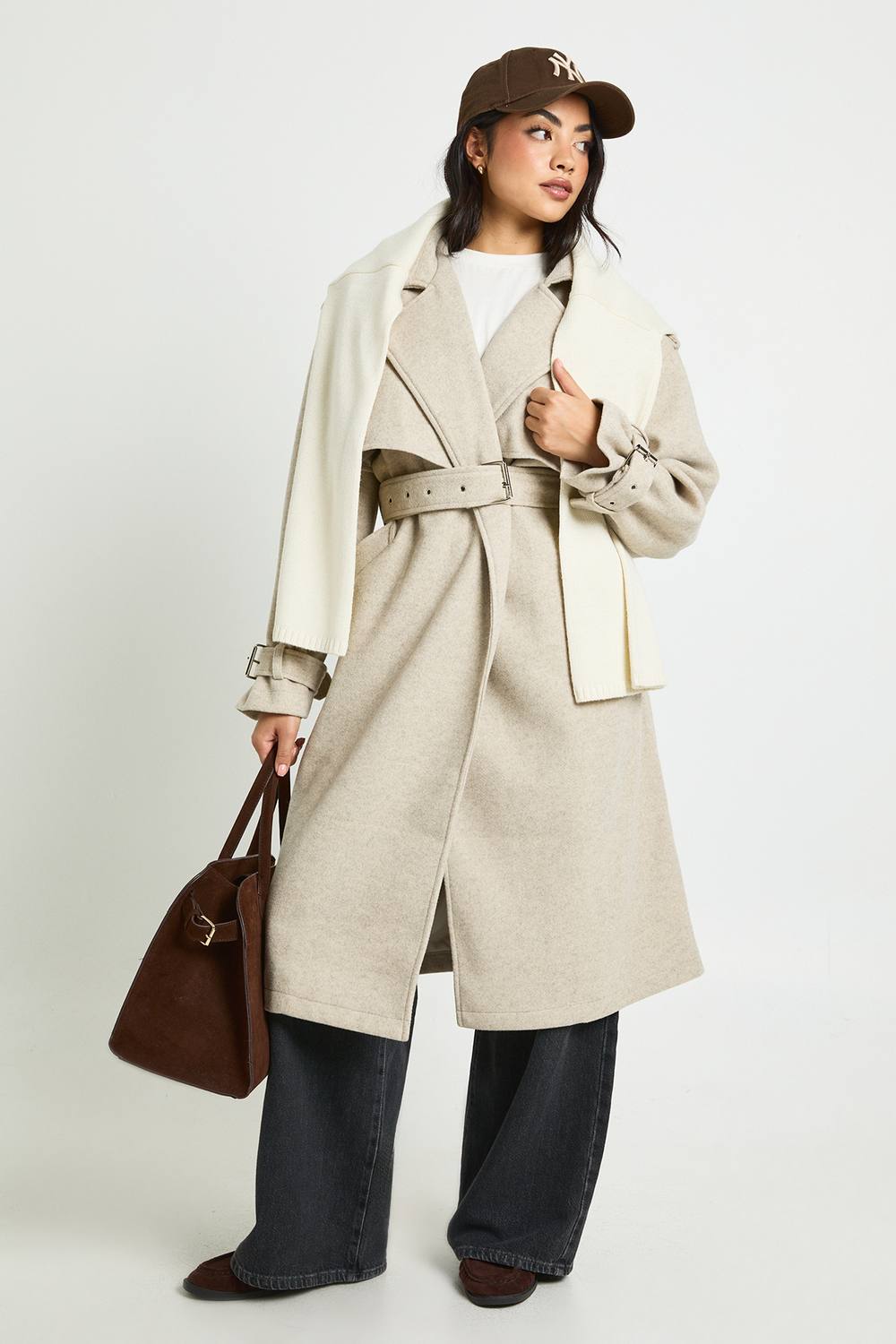 boohoo Women's Oversized Belted Wool Look Trench Coat in Stone by boohoo