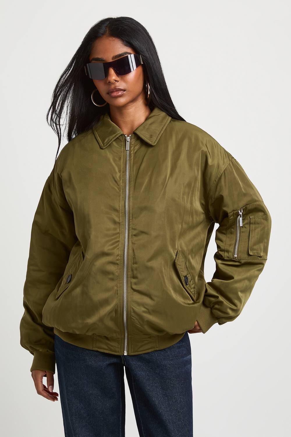 boohoo Women's Oversized Bomber Jacket With Contrast Lining in Khaki by boohoo