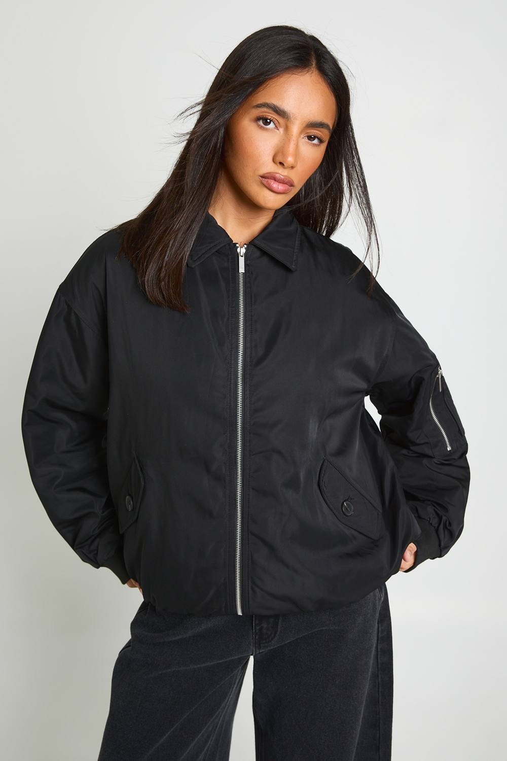 boohoo Women's Oversized Bomber Jacket With Contrast Lining in Black by boohoo