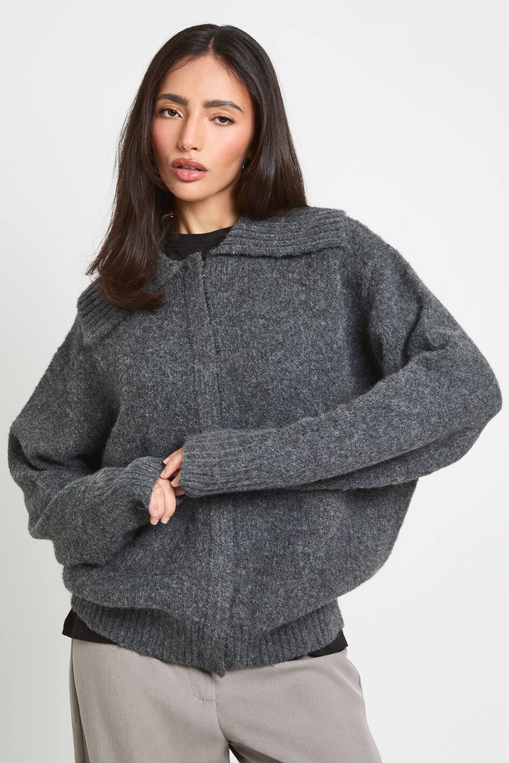 boohoo Women's Oversized Collar Chunky Knit Cardigan in Charcoal by boohoo