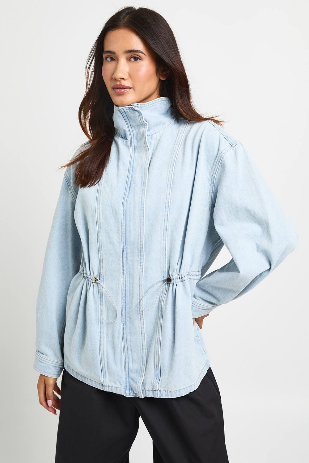 boohoo Women's Oversized Funnel Neck Denim Cinched Waist Jacket in Bleach Wash by boohoo