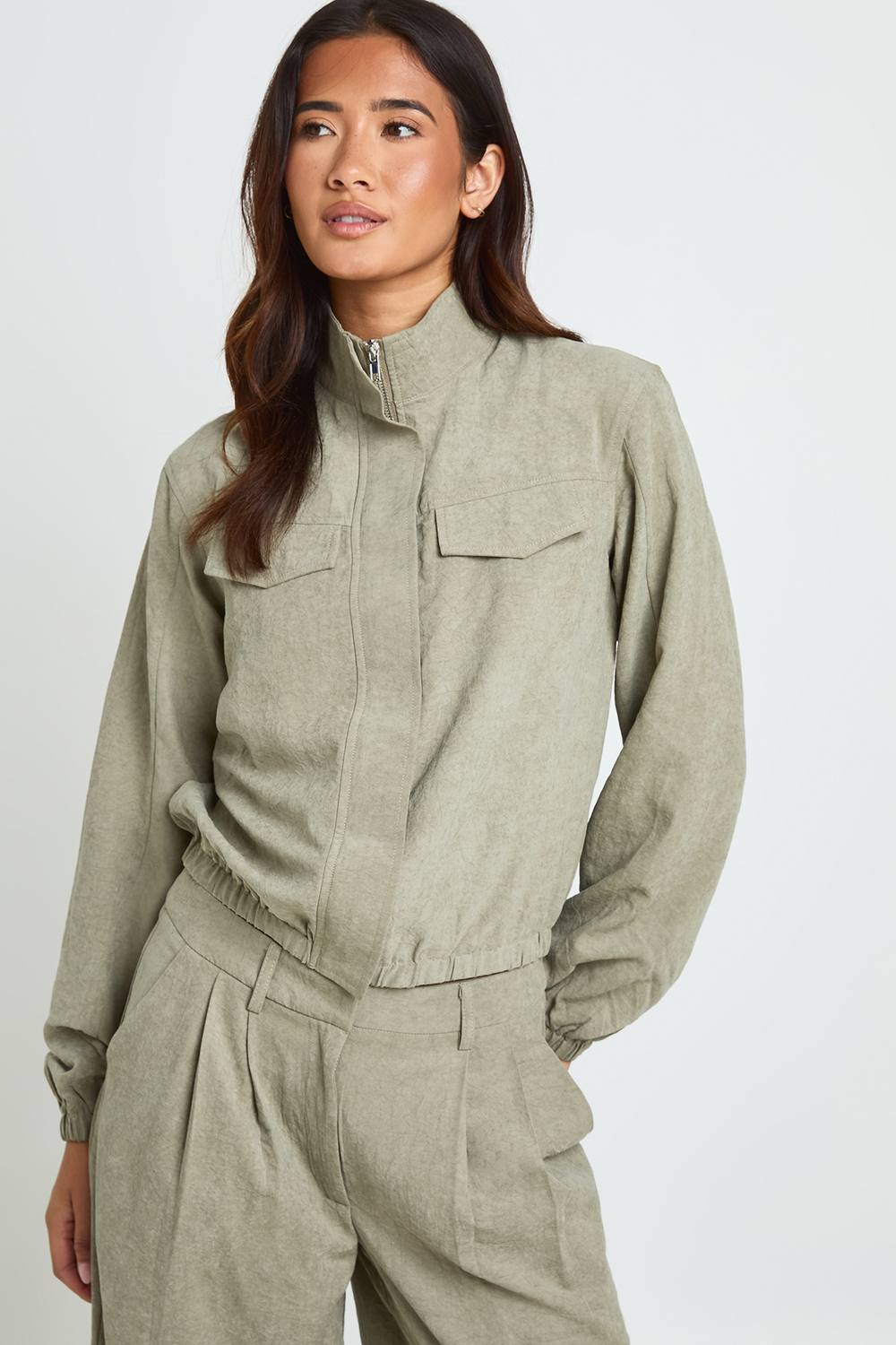 boohoo Women's Peached Funnel Neck Tracksuit Top in Khaki by boohoo