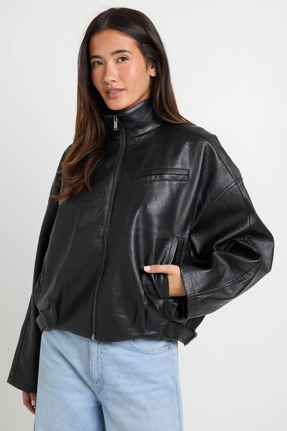 boohoo Women's Pebbled Faux Leather Funnel Neck Hem Detail Bomber Jacket in Black by boohoo