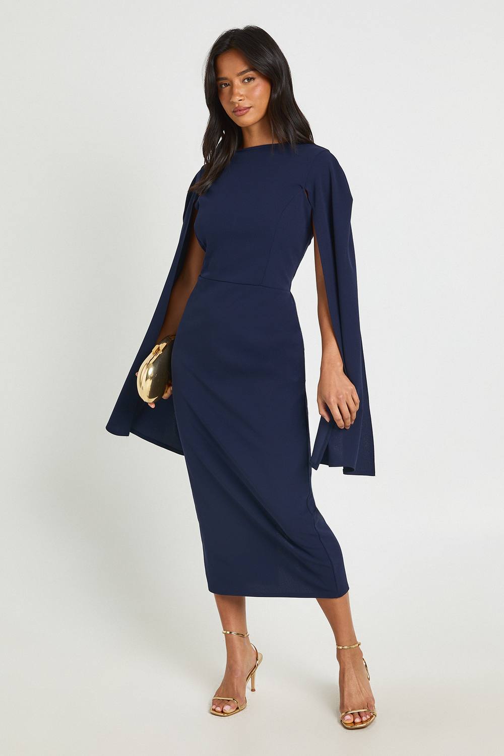 boohoo Women's Petite Cape Sleeve Midi Bodycon Dress in Navy by boohoo
