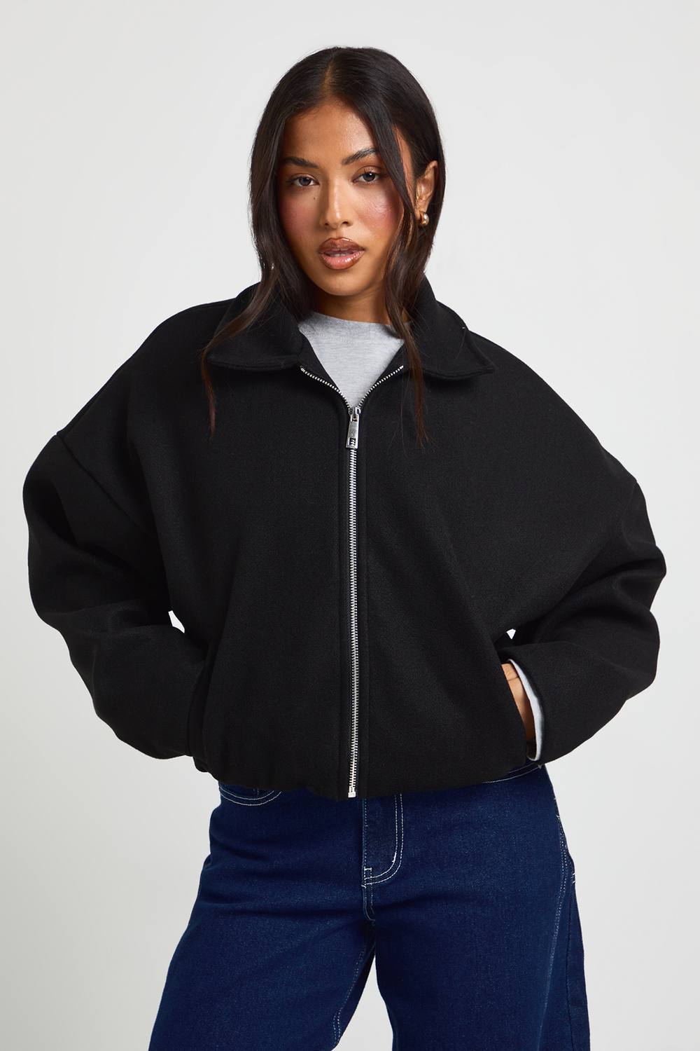 boohoo Women's Petite Collared Wool Look Bomber Jacket in Black by boohoo